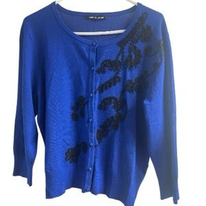 Cable‎ & Gauge Blue Cardigan with Black Embroidery & Beaded Flare